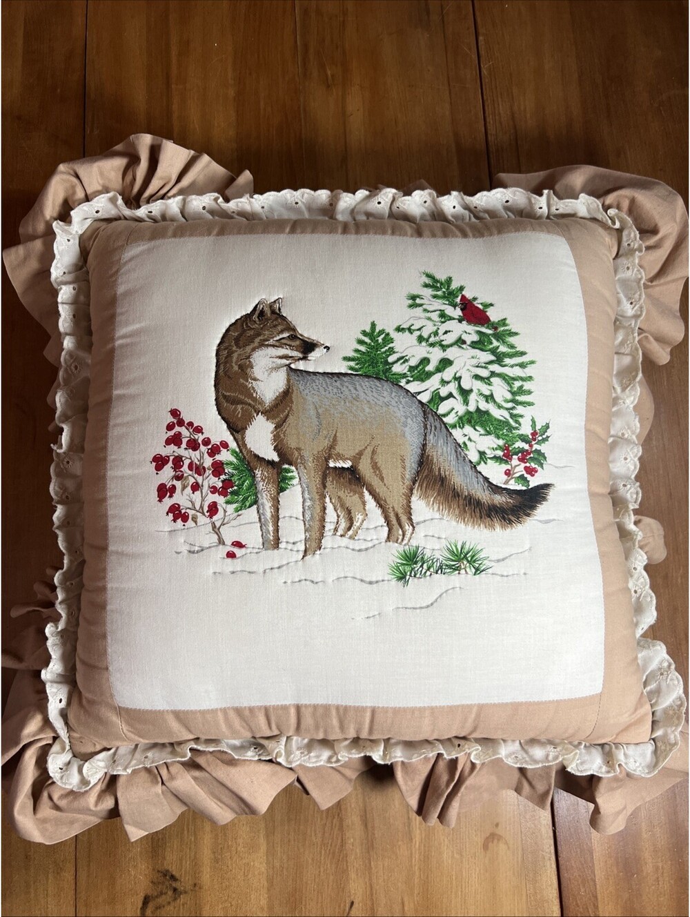 Vintage Wolf Ruffle Edge Throw Pillow